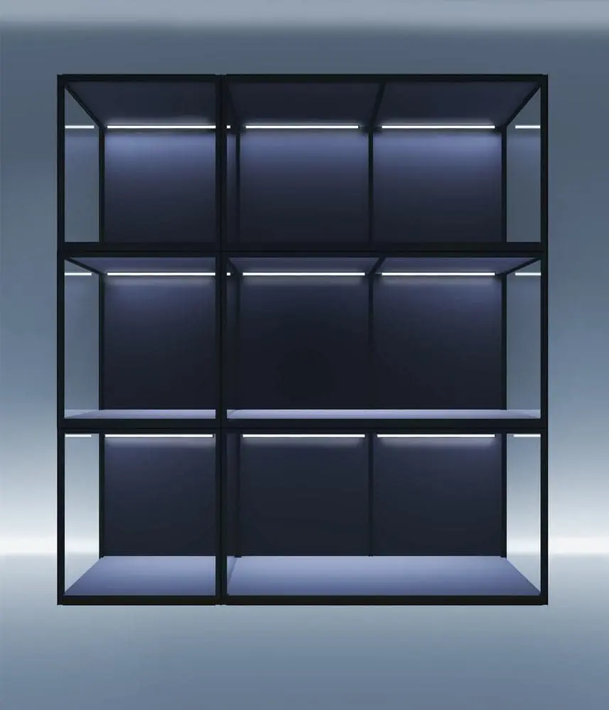 Moducase DF Series display wall with LED lighting