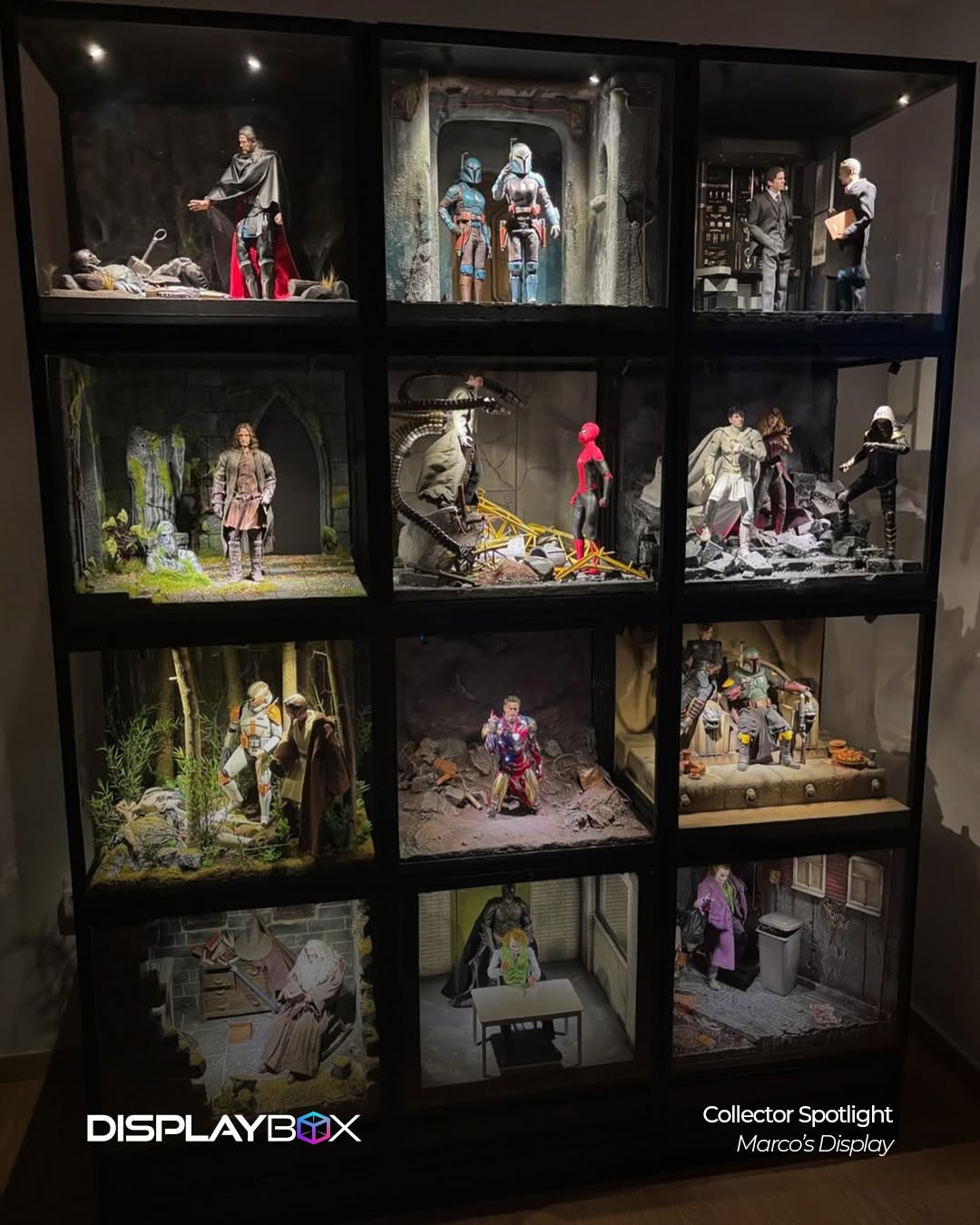 Hot Toys sixth scale figure dioramas in a lit Moducase Sixth Series display wall