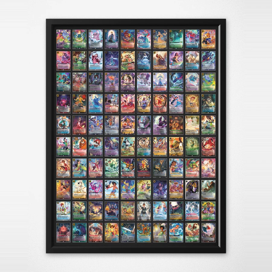Trading Card Display Frame – 100 Cards (10×10) – handmade black hardwood frame with Disney Lorcana trading cards, 99% UV protected acrylic