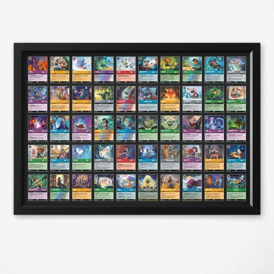 Trading Card Display Frame – 50 Cards (10×5) – handmade black hardwood frame with Disney Lorcana trading cards, 99% UV protected acrylic