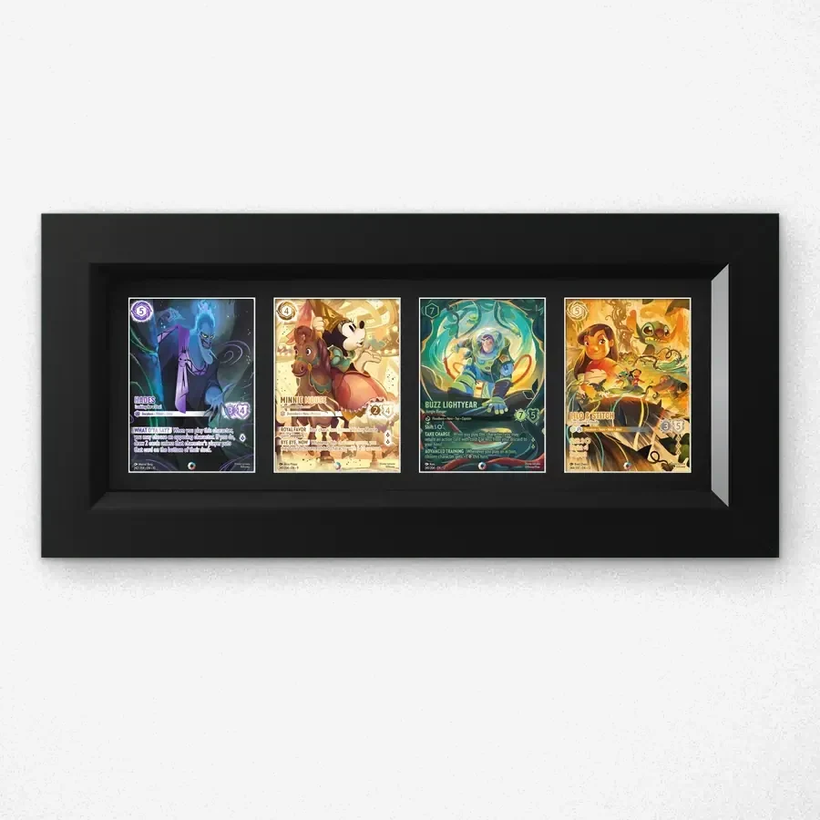 Trading Card Display Frame – 4 Cards – handmade black hardwood frame with Disney Lorcana trading cards, 99% UV protected acrylic