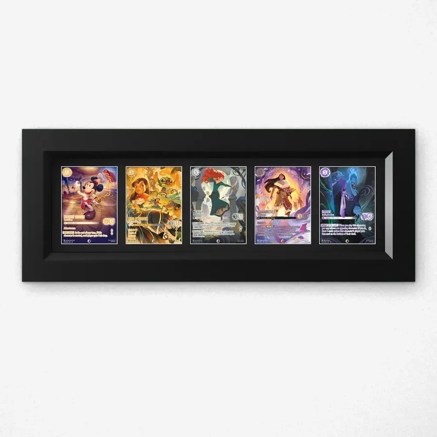 Trading Card Display Frame – 5 Cards – handmade black hardwood frame with Disney Lorcana trading cards, 99% UV protected acrylic