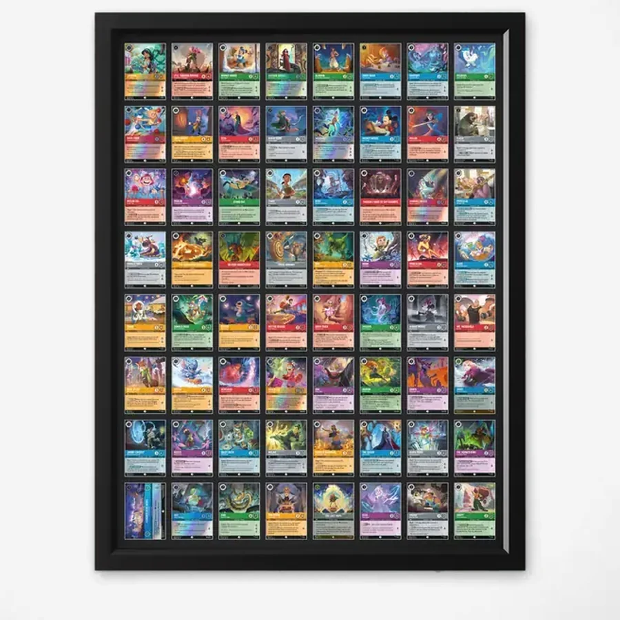 Trading Card Display Frame – 64 Cards (8×8) – handmade black hardwood frame with Disney Lorcana trading cards, 99% UV protected acrylic