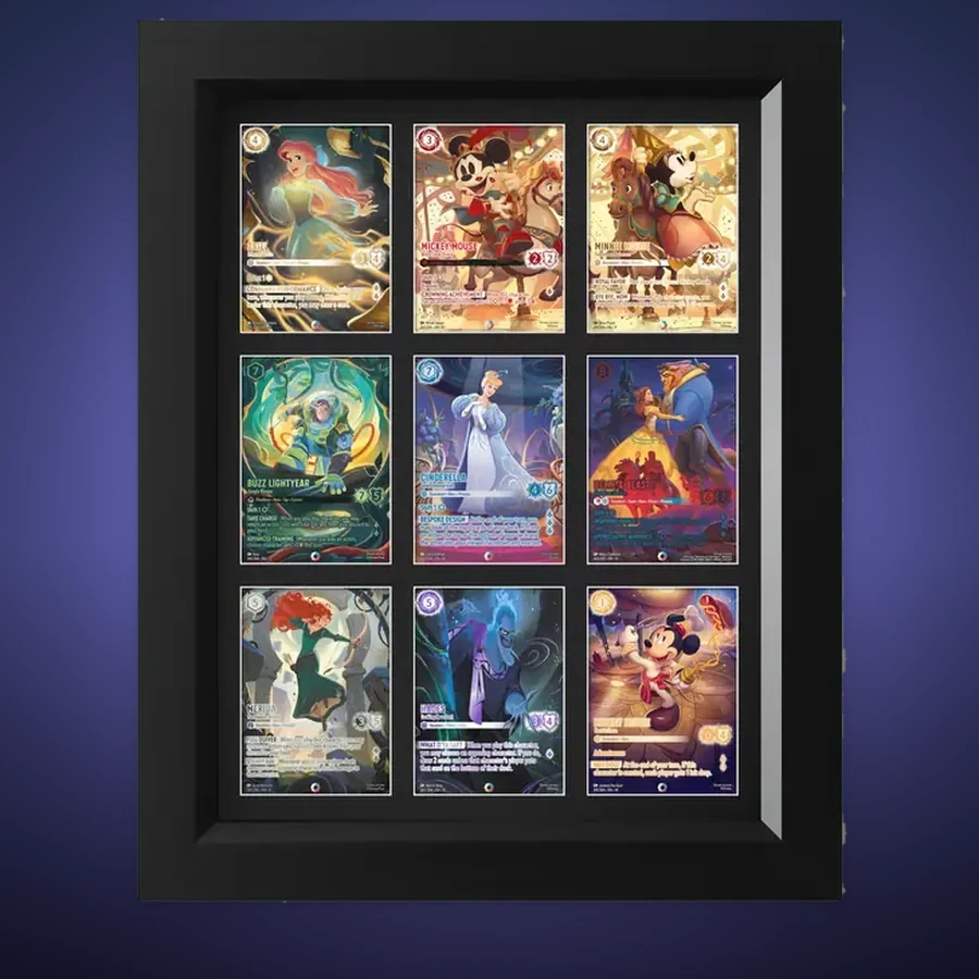 One-Touch Display Frame – 9 Cards (3×3) – handmade black hardwood frame with mounts cut for magnetic one-touch card holders