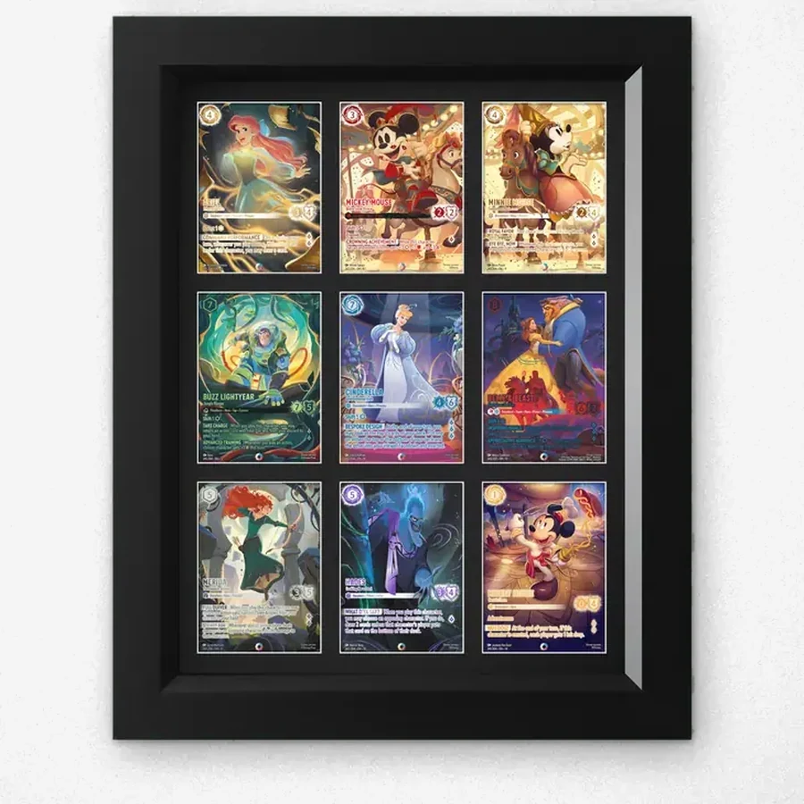 One-Touch Display Frame – 9 Cards (3×3) – handmade black hardwood frame with mounts cut for magnetic one-touch card holders