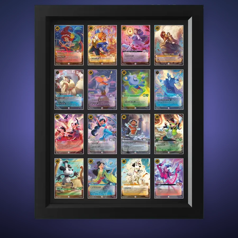 One-Touch Display Frame – 16 Cards (4×4) – handmade black hardwood frame with mounts cut for magnetic one-touch card holders
