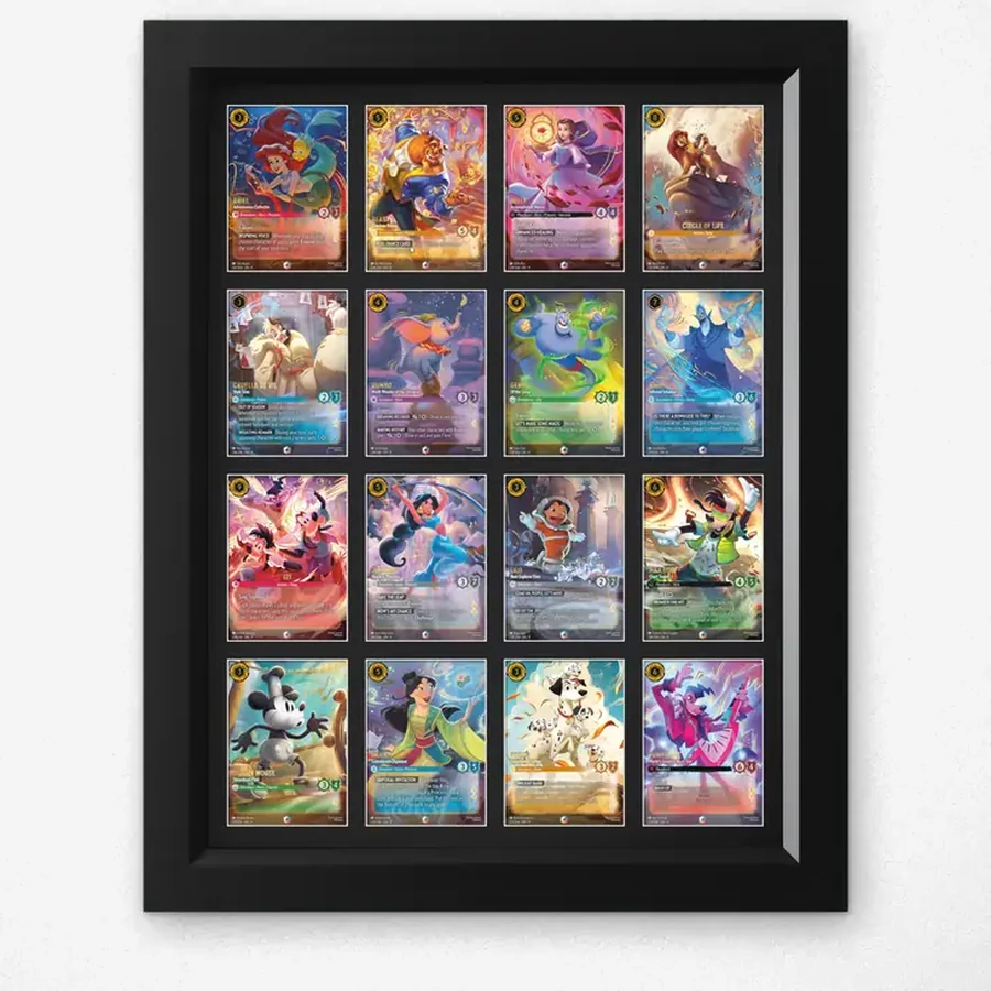 One-Touch Display Frame – 16 Cards (4×4) – handmade black hardwood frame with mounts cut for magnetic one-touch card holders