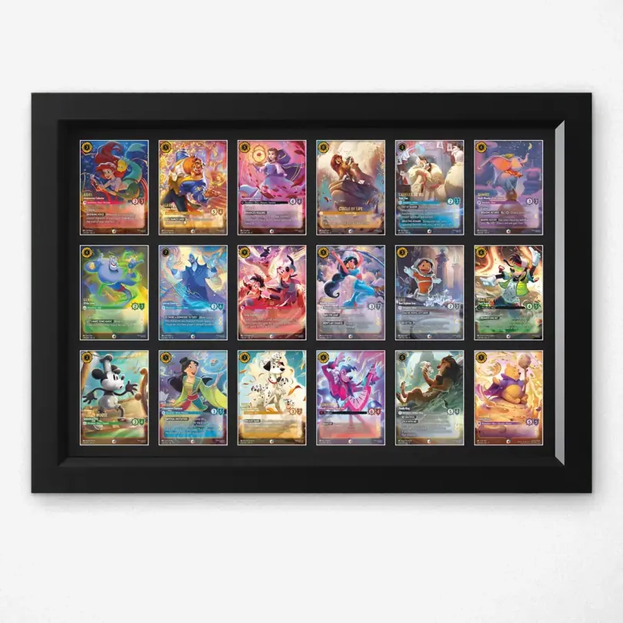 One-Touch Display Frame – 18 Cards (6×3) – handmade black hardwood frame with mounts cut for magnetic one-touch card holders
