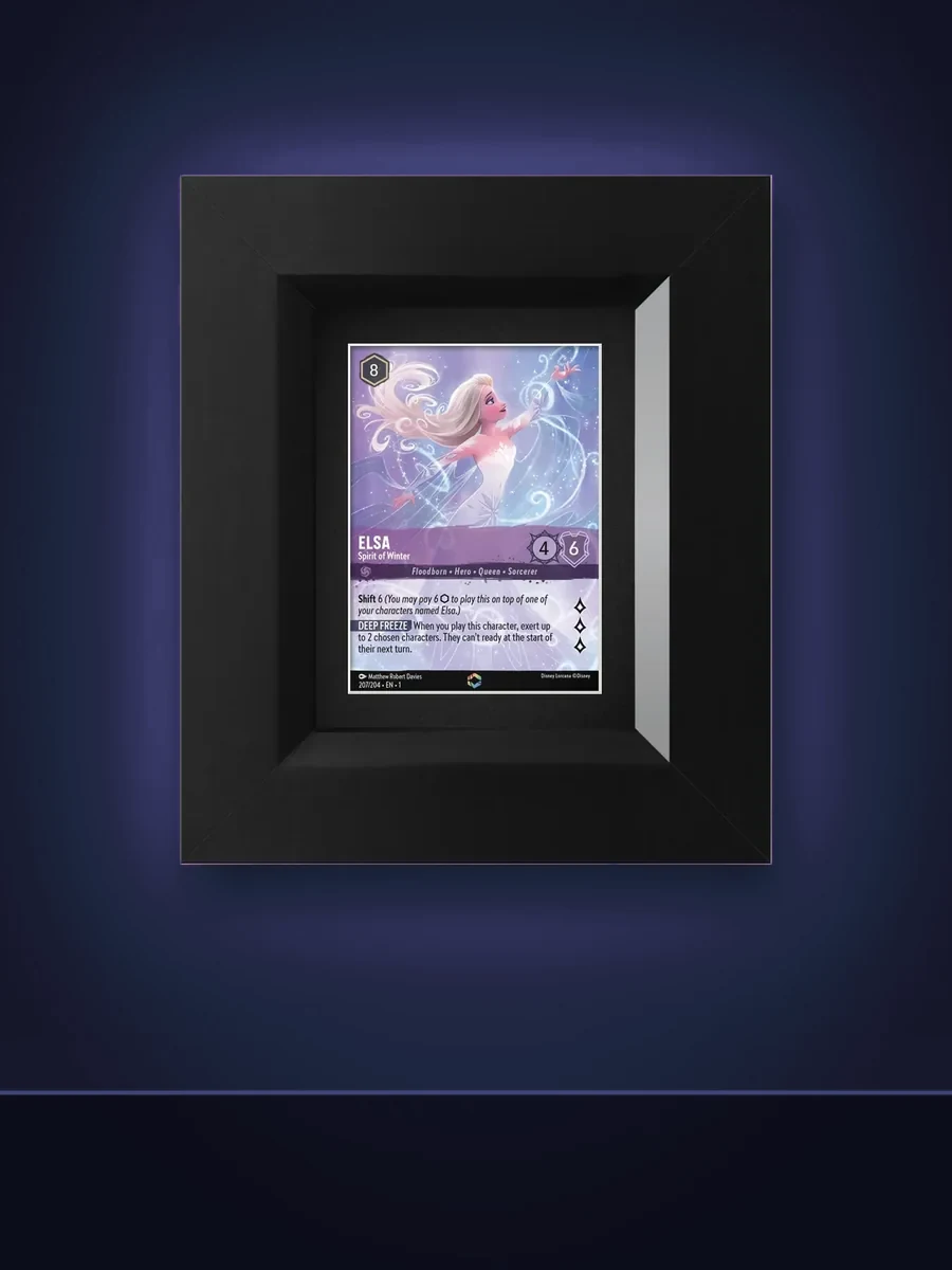 Single card trading card display frame with a Disney Lorcana Elsa card on a purple-lit wall