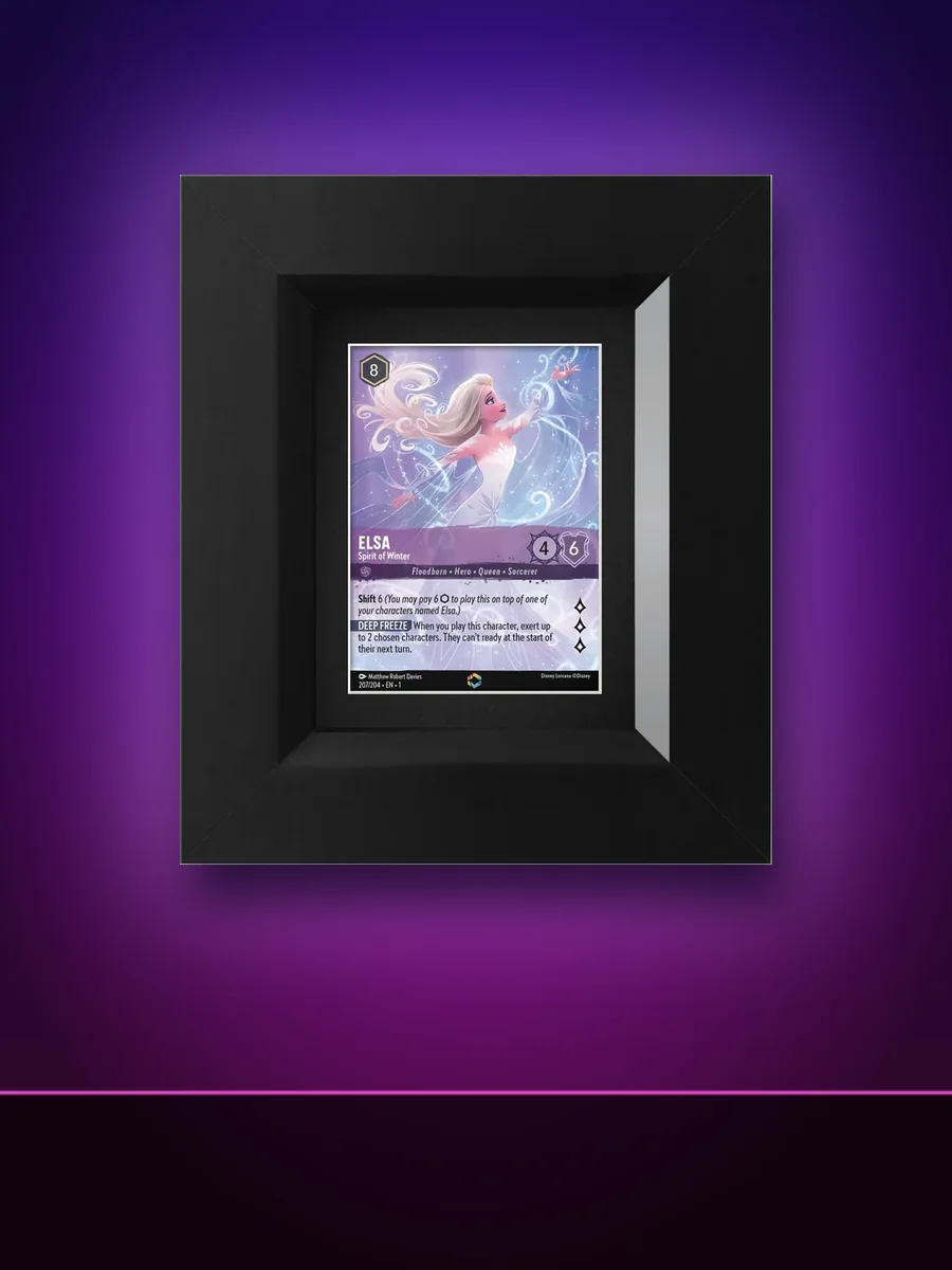 Single card trading card display frame with a Disney Lorcana Elsa card on a purple-lit wall